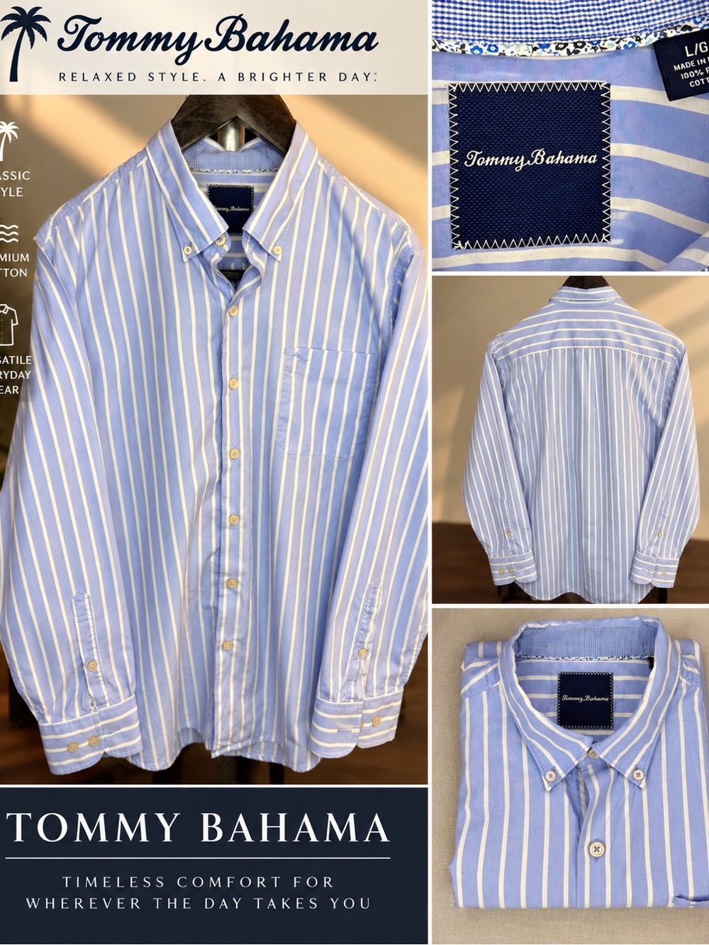Tommy Bahama Men’s Light Blue & White Stripe Button-Down Shirt Size L